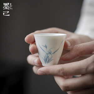 墨已 白瓷手绘家用品茗杯 功夫茶具陶瓷玉泥兰花单杯喝茶杯文人杯