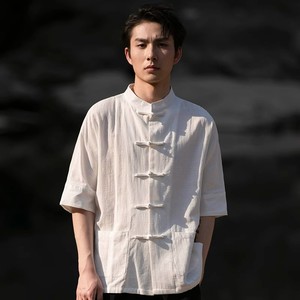 复古中国风唐装棉麻短袖衬衫男女夏季潮牌新中式立领中山衬衣外套
