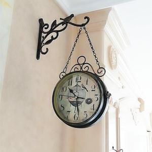 欧式复古双面挂钟美式乡村静音壁挂钟表客厅铁艺小鸟个性两面吊钟