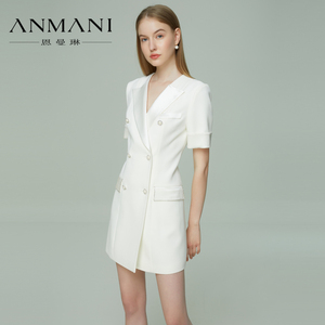 ANMANI恩曼琳21夏季新品西装领双排扣小白裙卷袖女连衣裙EANBBA06