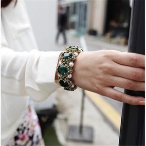 欧美时尚复古个性款祖母绿水晶宝石珍珠手链手镯 日韩潮流行配饰