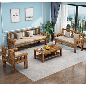 中古风沙发全实木组合三人位松木长椅小户型客厅单人木沙发经济型