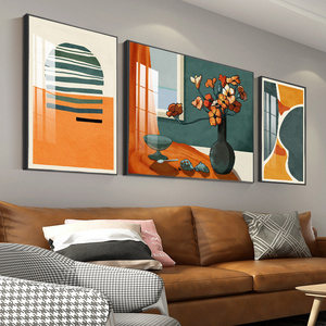 后现代轻奢客厅装饰画橙色抽象大气壁画静物挂画沙发背景墙三联画