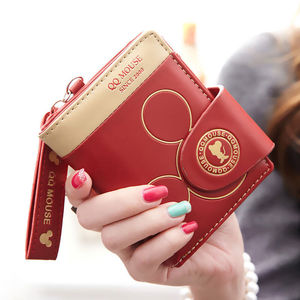 袋鼠魔方女士钱包红色短款薄款软皮大容量简约折叠卡通拉链卡包学