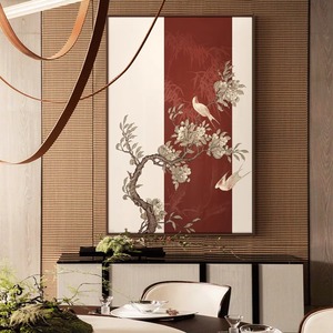 新中式餐厅双莺山水花鸟装饰画客厅高级感大气墙壁挂画玄关墙壁画