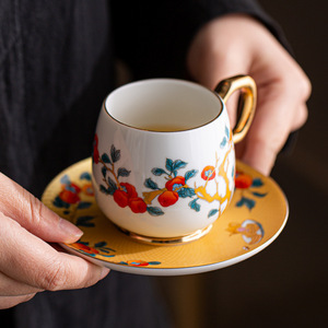 高端珐琅彩陶瓷茶杯带碟子描金咖啡杯手柄式女士茶具下午红茶单杯