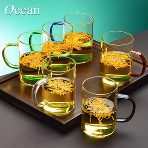 Ocean耐热玻璃水杯6色把手泡茶杯带把牛奶杯300ml六只装