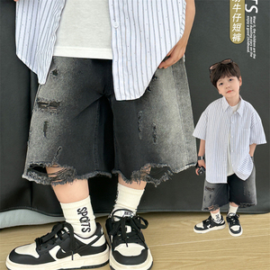 夏季新款韩版中小童装夏天薄款裤子男童黑色破洞牛仔短裤儿童中裤