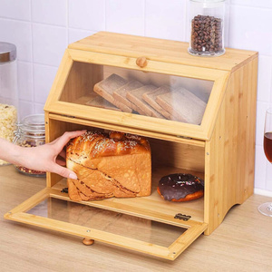 跨境竹制面包箱厨房面包蛋糕收纳展示箱双层玻璃储物柜面包收纳箱