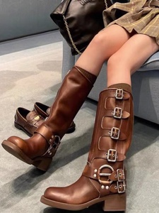 百丽棕色马丁靴女2023新款女鞋复古小个子长筒靴牛仔西部皮靴子骑
