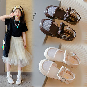 巴拉巴柆韩系韩系女童网纱皮小皮鞋2024夏季新款小女生包头凉鞋宝