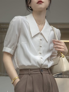 LILY官方旗舰店法式白色短袖衬衫女夏季设计感小众衬衣泡泡袖别致