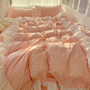 园翌格鸣鱼梦 春夏全棉床上用品四件套粉色 超大荷叶边公主风格子