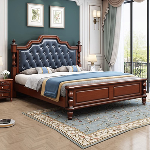 美式全实木双人床1.8米2主卧现代简约真皮婚床欧式轻奢储物软包床