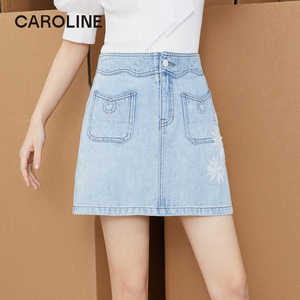 CAROLINE卡洛琳2023夏季新款简约双口袋A字牛仔半裙ECRDBB19