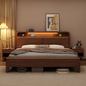 北欧胡桃色现代简约单双人全实木床1.8米1.5主卧室经济型婚床家具
