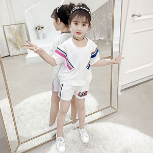 巴拉巴柆韩系女童2019夏季新款休闲短袖短裤套装中大童时尚运动圆