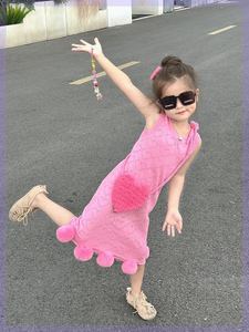 韩系女童时尚气质镂空针织裙洋气小毛球背心裙韩国童装儿童夏款连