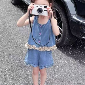 韩版女童夏装2024无袖背心套装新款宝宝洋气可爱吊带软牛仔短裤两
