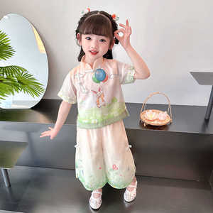 韩国古风国学女童宝宝套装新款夏装中国风儿童唐装洋气时髦两件套