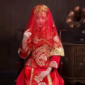 中式婚礼盖头秀禾服红盖头抖音网红纱盖头新娘头纱红色秀禾红盖头