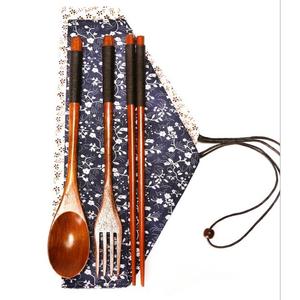 包邮日式和风袋木质筷子勺子三件套旅行便携餐具套装学生木勺木筷