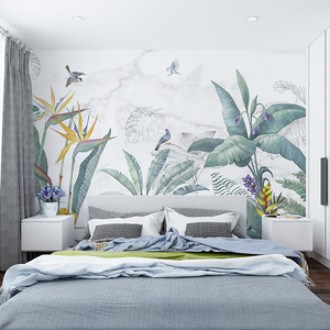 客厅背景墙纸清新绿色植物3d东南亚热带美景壁画简约环保印花墙布