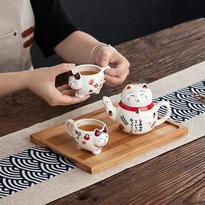 日式陶瓷可爱卡通招财猫创意茶具套装一茶壶两茶杯开业送礼不锈钢