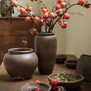 土陶子装饰手工家居摆件陶罐花瓶粗复古花器中式日式禅意客厅插花