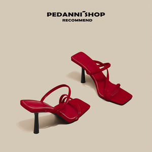 佩丹妮一字带凉拖鞋女夏外穿2024年红色高跟鞋女细跟气质细带凉鞋