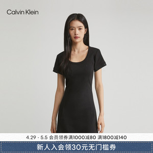 CK Jeans夏季女士时尚优雅螺纹提花黑色圆领T恤连衣裙J221674