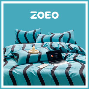 ZOEO家纺全棉四件套蓝色条纹小清新纯棉被套床上用品四件套网红风