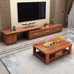 胡桃木实木电视柜茶几组合现代中式客厅家用小户型可伸缩电视机柜