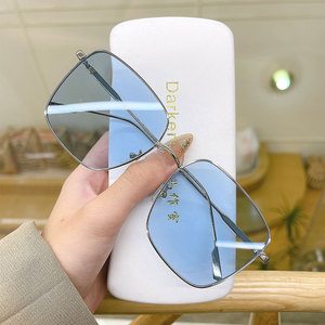 新款韩版潮透明蓝色太阳镜女时尚方形大框金属框浅色镜片眼镜墨镜