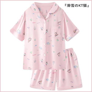 『滑雪KT猫』冰丝睡衣女款夏2024新款薄款短袖粉色可爱家居服套装
