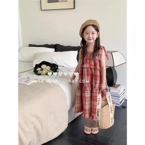 韩国童装女童格子连衣裙夏季小女孩无袖吊带裙子女大童复古背心裙