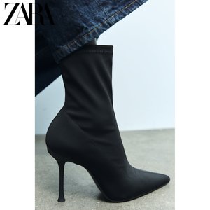 ZARA新品 TRF 女鞋 黑色面料复古细高跟短靴 3154210 800