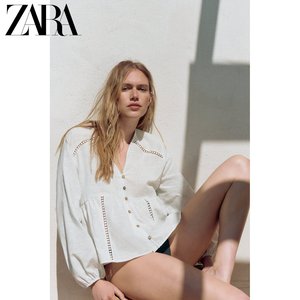 ZARA24夏季新品 女装 条纹长袖V领镂空衬衫 2298098 080