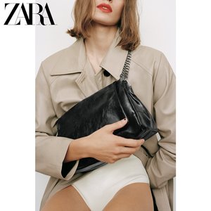 ZARA新品 女包 黑色时尚流行摇滚风翻盖软质单肩包 6360615 040
