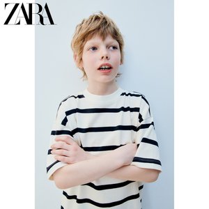 ZARA 24夏季新品 童装男童 标签饰重磅棉条纹 T 恤 0722710 044