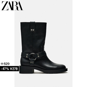 ZARA特价精选 女鞋 黑色复古西部机车款带扣平底短靴 2179310 800