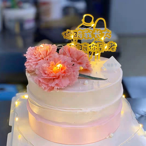 母亲节蛋糕装饰摆件小红书网红粉色康乃馨灯串金色插件甜品装扮