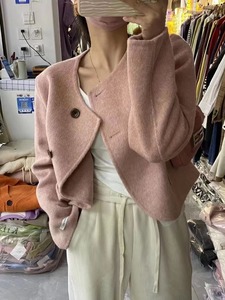 粉色圆领垫肩双面呢羊绒大衣女短款矮个子2023秋冬新款羊毛呢外套