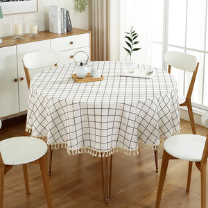 北欧小圆桌桌布棉麻现代简约大圆形格子餐桌布艺椭圆茶几台布家用