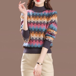 2024新款秋冬季女士加厚提花色针织打底衫半高领洋气格子彩色毛衣