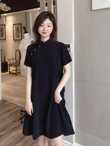 小个子简约醋酸改良旗袍复古新中式小众设计感黑色连衣裙子夏季女