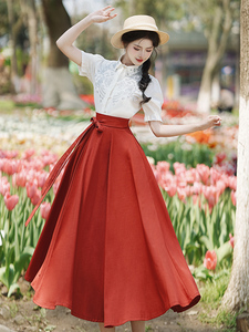 红色半身裙女小个子中国风新中式半身裙配的上衣夏天裙子两件套女