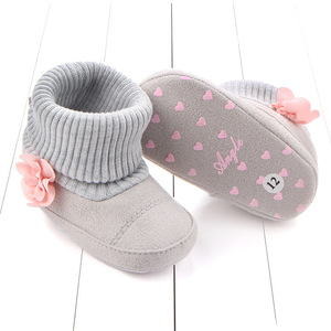 新款经典纯宝宝靴子针织花朵配饰宝宝鞋婴儿鞋童靴婴儿靴小短靴