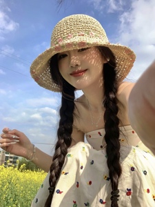 草帽女夏季编织小花2024新款帽子海边度假出游可折叠防晒遮太阳帽