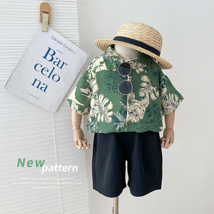 男童花衬衫绿海边韩版短袖薄上衣度假休闲婴儿宝洋气外套夏潮酷
